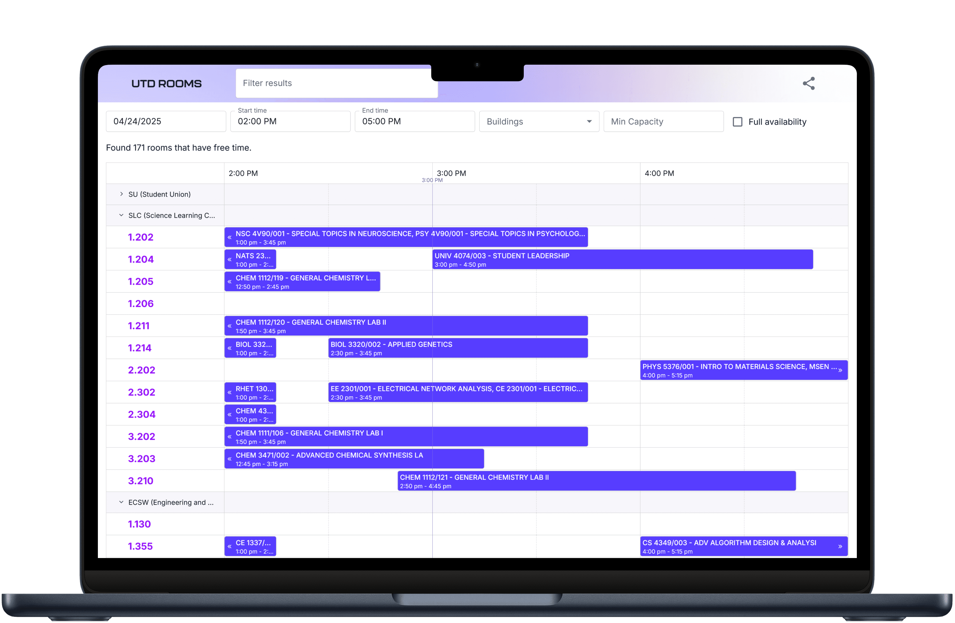 A laptop displaying Rooms' results page for events in SCI.